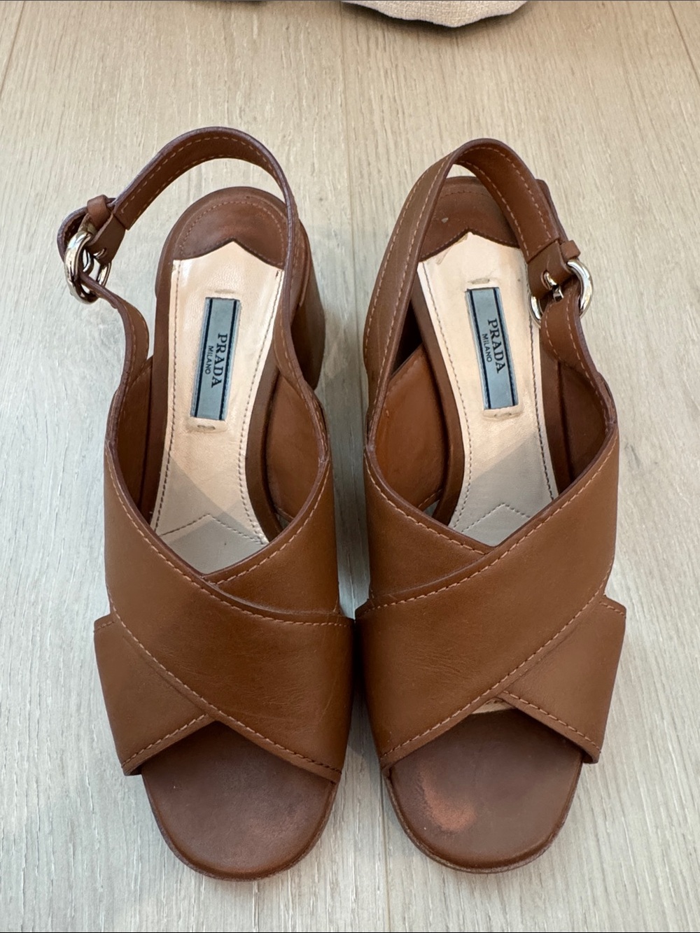 Prada Tan Leather Crisscross Slingback Sandals